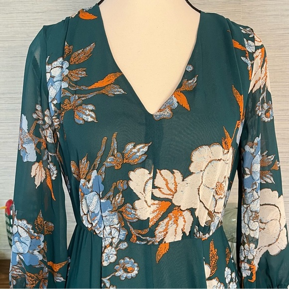 Eva Mendes Green Floral Maxi Dress Balloon Sleeves Empire Waist Woman’s Size XS - Picture 3 of 8